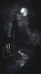 Moonlit chapel broods above a ghost-whispered graveyard path.