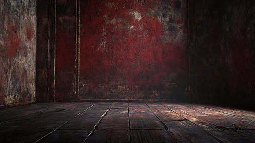 Rust-blooded corner chamber with scarred wooden floor drama.