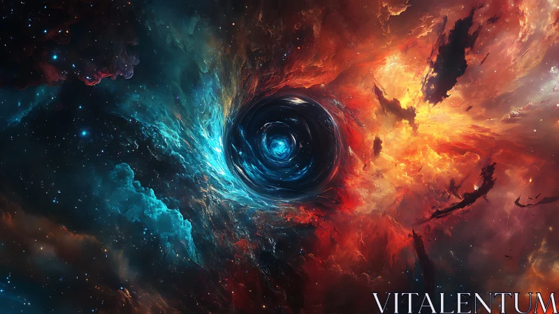 Central cosmic vortex amid contrasting nebula clouds.