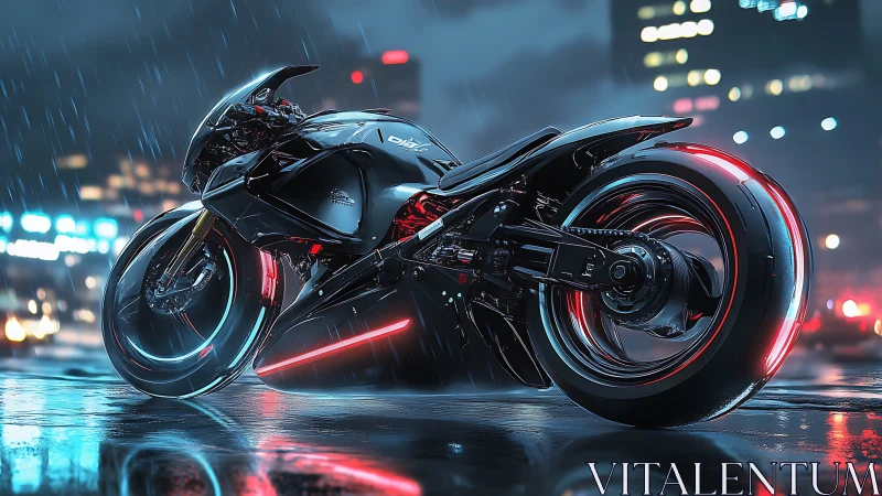 Futuristic neon motorcycle waits in a rain-soaked city street