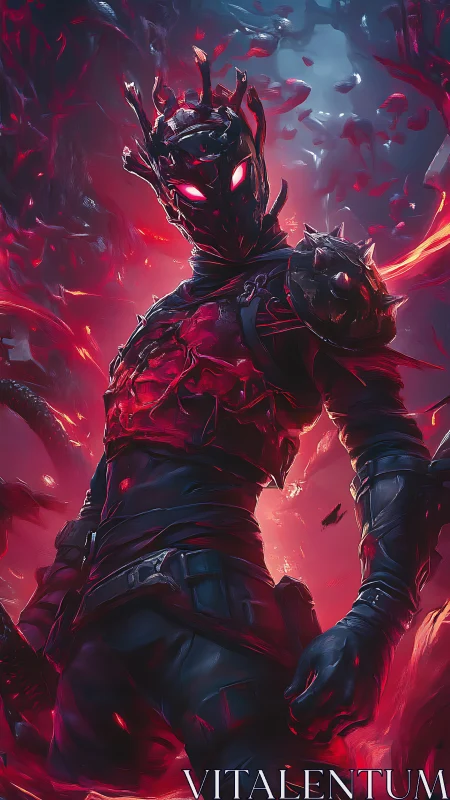 Armored infernal warrior with glowing eyes in volatile red aura