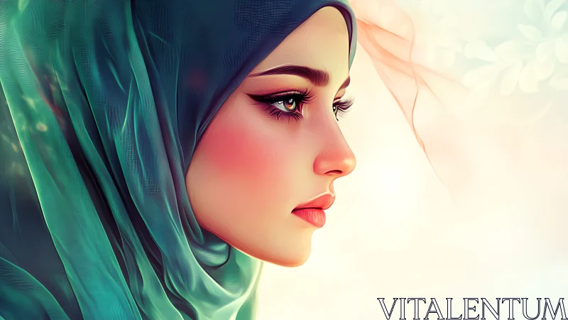 Side profile portrait shows young woman wearing teal hijab