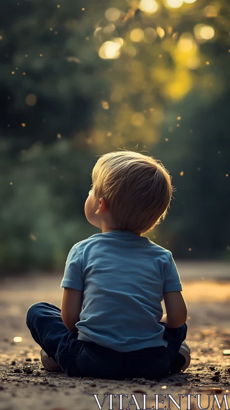 Quiet woodland sunset with a daydreaming little explorer.