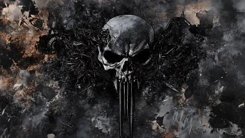 Grim steel skull erupts from storm-scorched darkness.