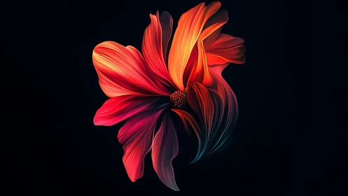 Vibrant Red Flower Against Black. Digital Art.