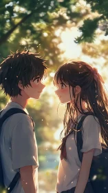Two anime students standing face to face in soft sunlight.