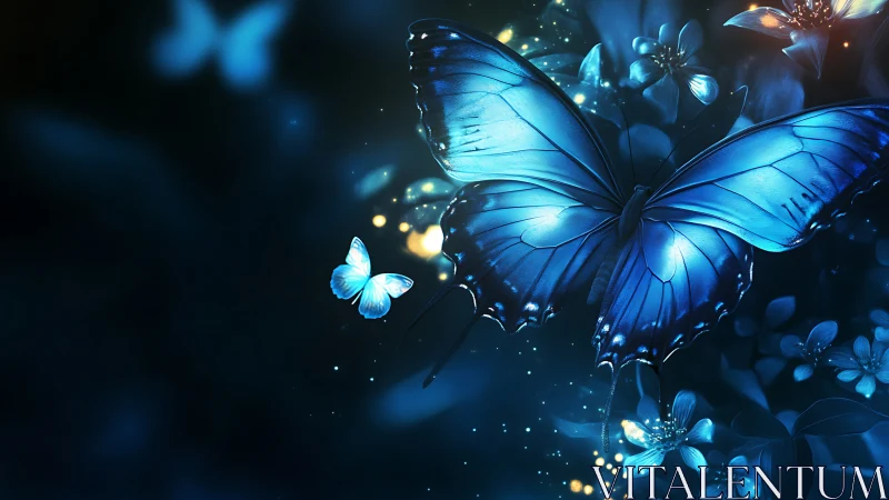 Luminous blue butterflies drift gently through a dreamy night garden