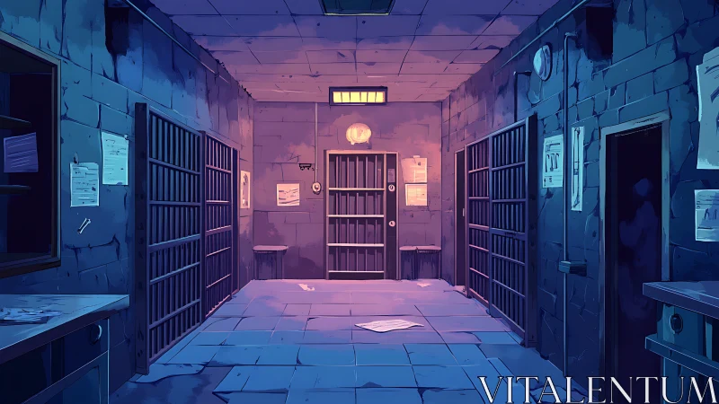 Deserted prison corridor rendered in moody cinematic lighting