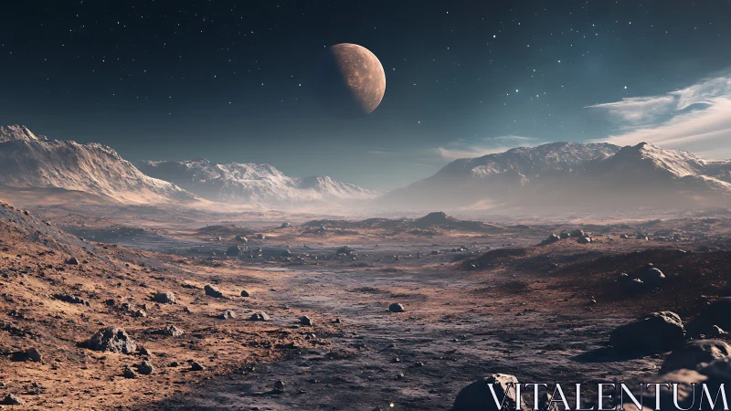 Desolate exoplanet valley under crescent moonlit sky panorama.