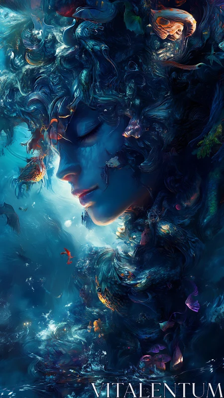 Mythic aquatic muse rendered in iridescent surreal detail
