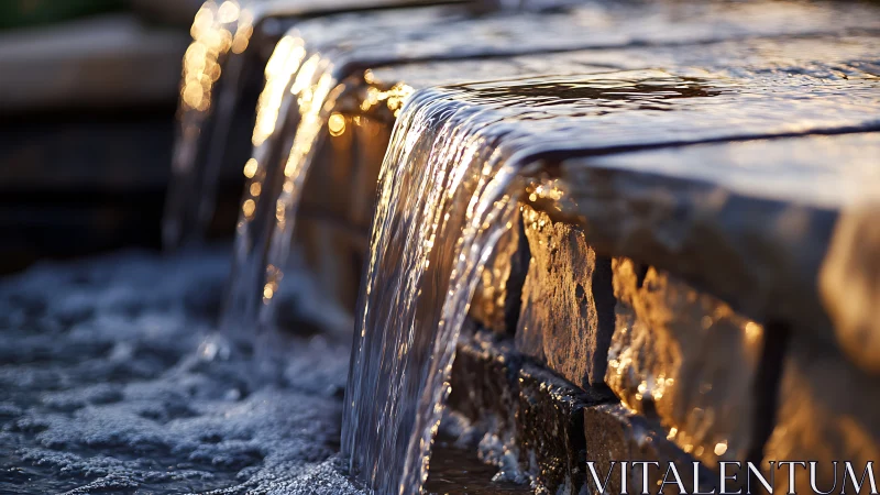 Water cascading over weathered concrete surface with golden light.
