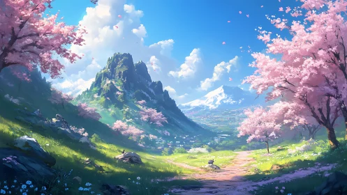 Blossom-wreathed valley trail beneath emerald dreaming peaks.