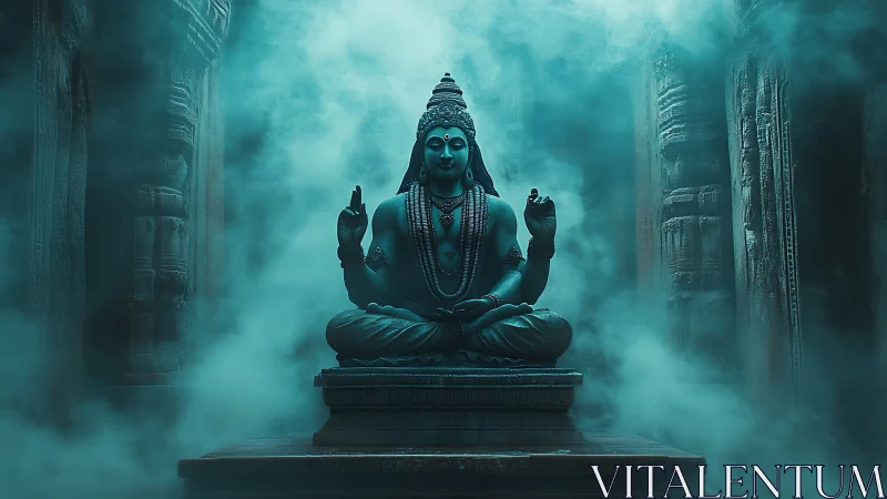 Serene temple deity resting in soft teal mystic mist.