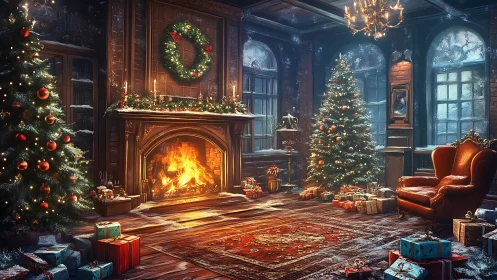 Festive fireside Christmas living room glows with warmth.