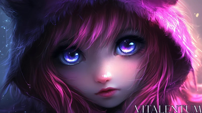 Starlit girl in violet hood with luminous dreaming eyes.