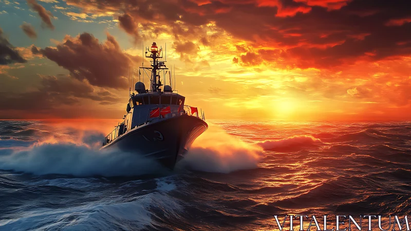 Patrol vessel cuts through sunset surf in cinematic seascape