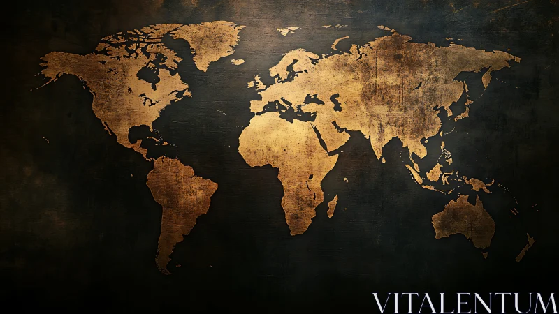 Textured gold world map on dark grunge background.