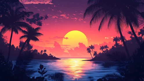 Neon mango sun sinking behind a hush of palm silhouettes.