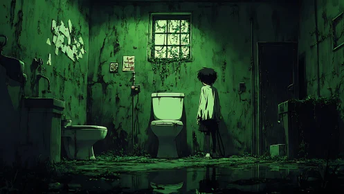 Haunted restroom vigil with lonely child in toxic green gloom.