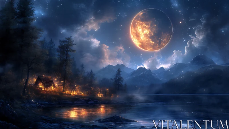 Lakeside forest cabin under enlarged moonlit night sky