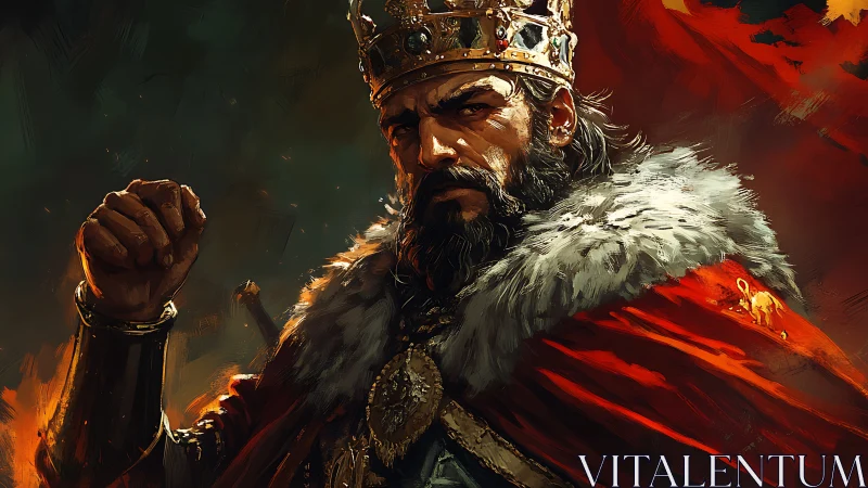 Regal medieval king portrait in red cloak, crown and fur mantle