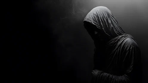 Shrouded figure leans into shadow and invites quiet mystery