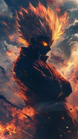 Volumetric-lit flame warrior with high-contrast rim lighting and glow