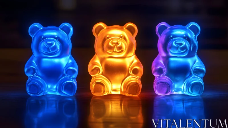 Three Glowing Gummy Bears in Neon Colors, Modern Still Life.