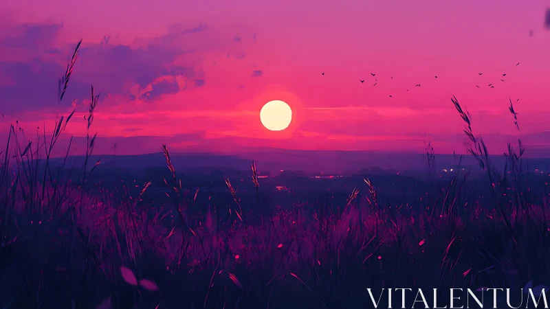 Violet horizon sunset over silhouetted wild grass plains.