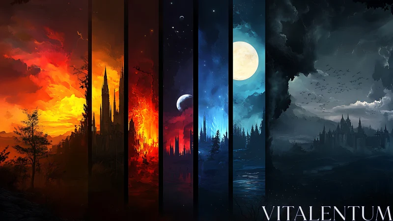 Segmented fantasy skyline across elemental day night cycle