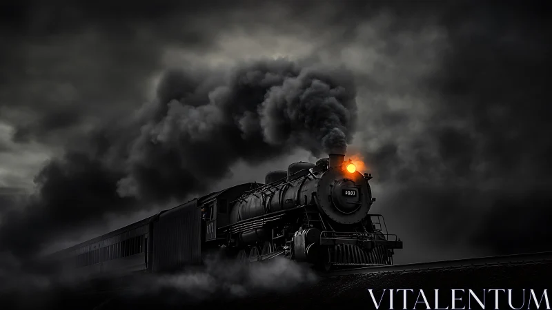 Steam locomotive cuts through nocturnal fog with cinematic contrast