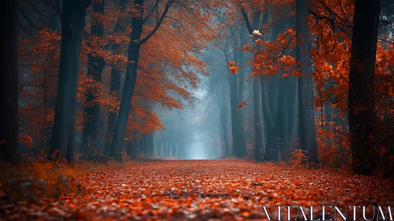 Autumn's Luminous Passage Through Mist-Draped Forest