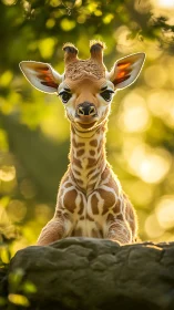 Gentle baby giraffe smiles softly in warm golden sunlight