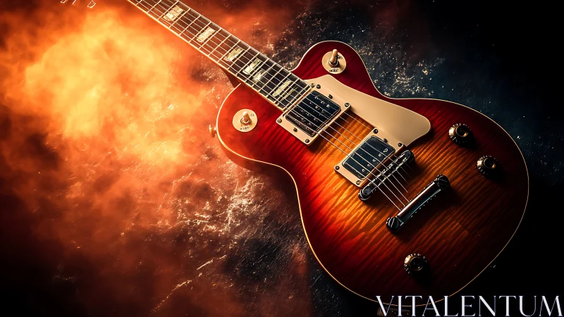 Sunburst electric guitar glowing in warm stage light.