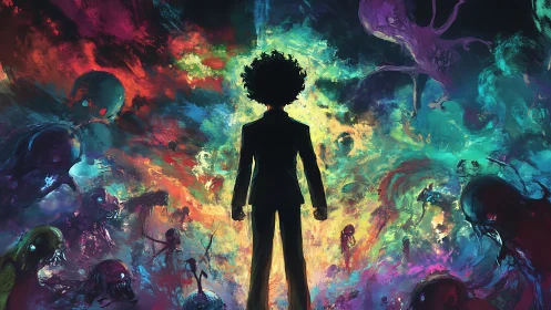 Silhouetted figure confronting spectral entities in neon vortex