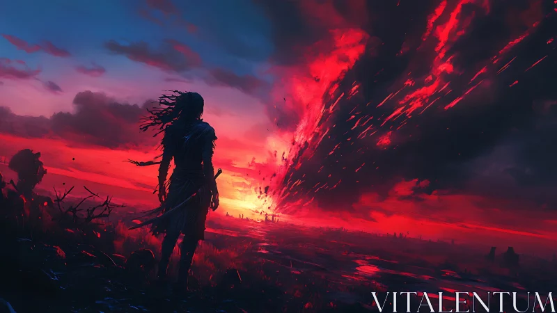 Silhouetted figure observing red energy storm at horizon line.