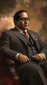 Oil-rendered dignitary in tailored suit, seated in carved chair.