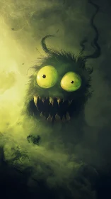 Glowing-eyed furry monster emerges from toxic mist with fanged grin