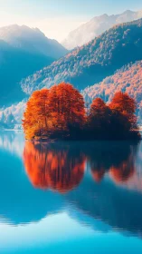 Autumn island reflects in crystal alpine lake at sunrise.