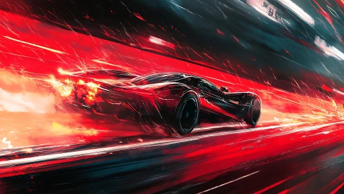 Hypercar streaks through neon red speed tunnel. Period.