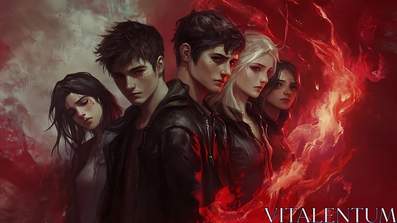 Five young figures stand aligned amid dense red digital flames