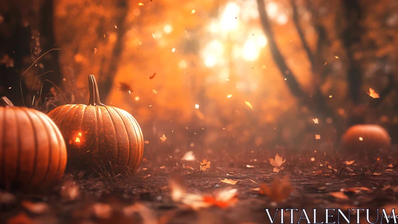 Pumpkin lanterns bask in drifting amber leaves and dusklight.