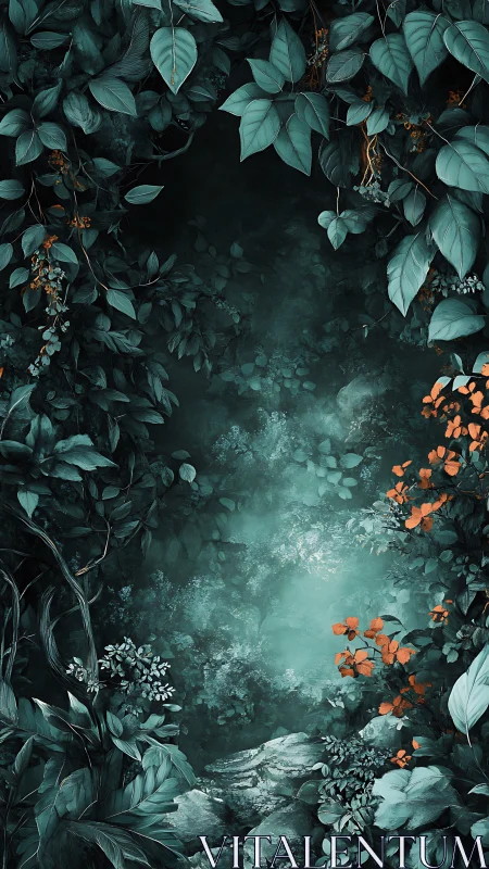 Dense teal foliage frames misty forest ground opening