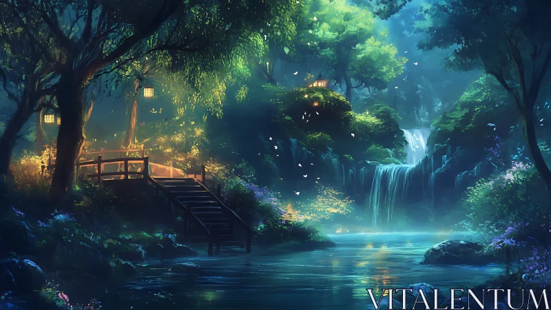 Lantern-Lit Bridge Spans Enchanted Waterfall Sanctuary