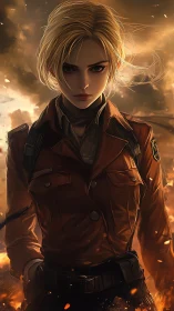 Battle-hardened blonde soldier in burning dusk field.