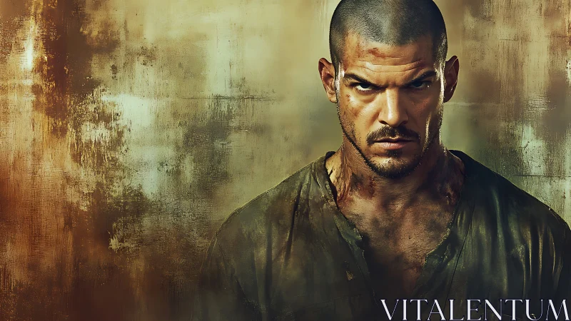 Weathered warrior portrait framed by molten earth tones.