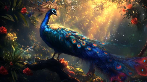 Vibrant blue peacock standing on branch in glowing forest.