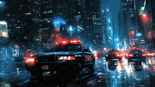 Police cruisers in rainy neon lit downtown street scene.