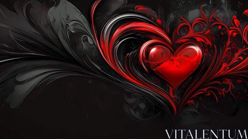 Red Luminous Heart Against Black Ornamental Background