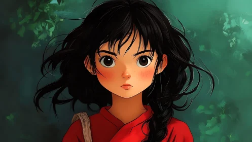 Wind-swept anime girl in red against misty green forest.